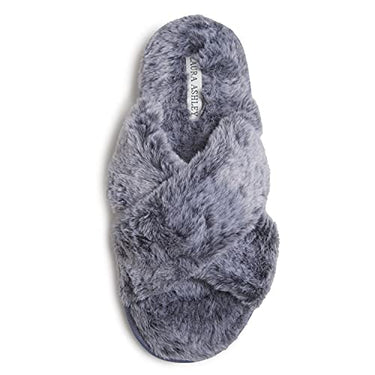 Laura Ashley Damen-Hausschuhe mit Leopardenmuster, Plüsch, Kreuzband, mit Memory-Schaum-Innensohle, Denim, Small im Sale